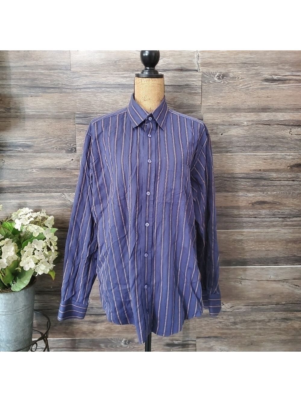 Bugatchi Uomo Mens Large Purple Striped Flip Cuff Shirt